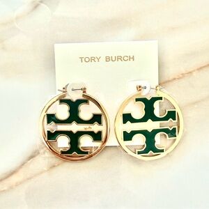 Tory Burch Gold and Green Logo Hoops brand new never worn
